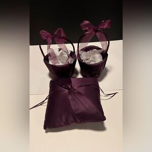 Dark Purple Ring Bearer Pillow and Two Flower Girl Baskets with Petals